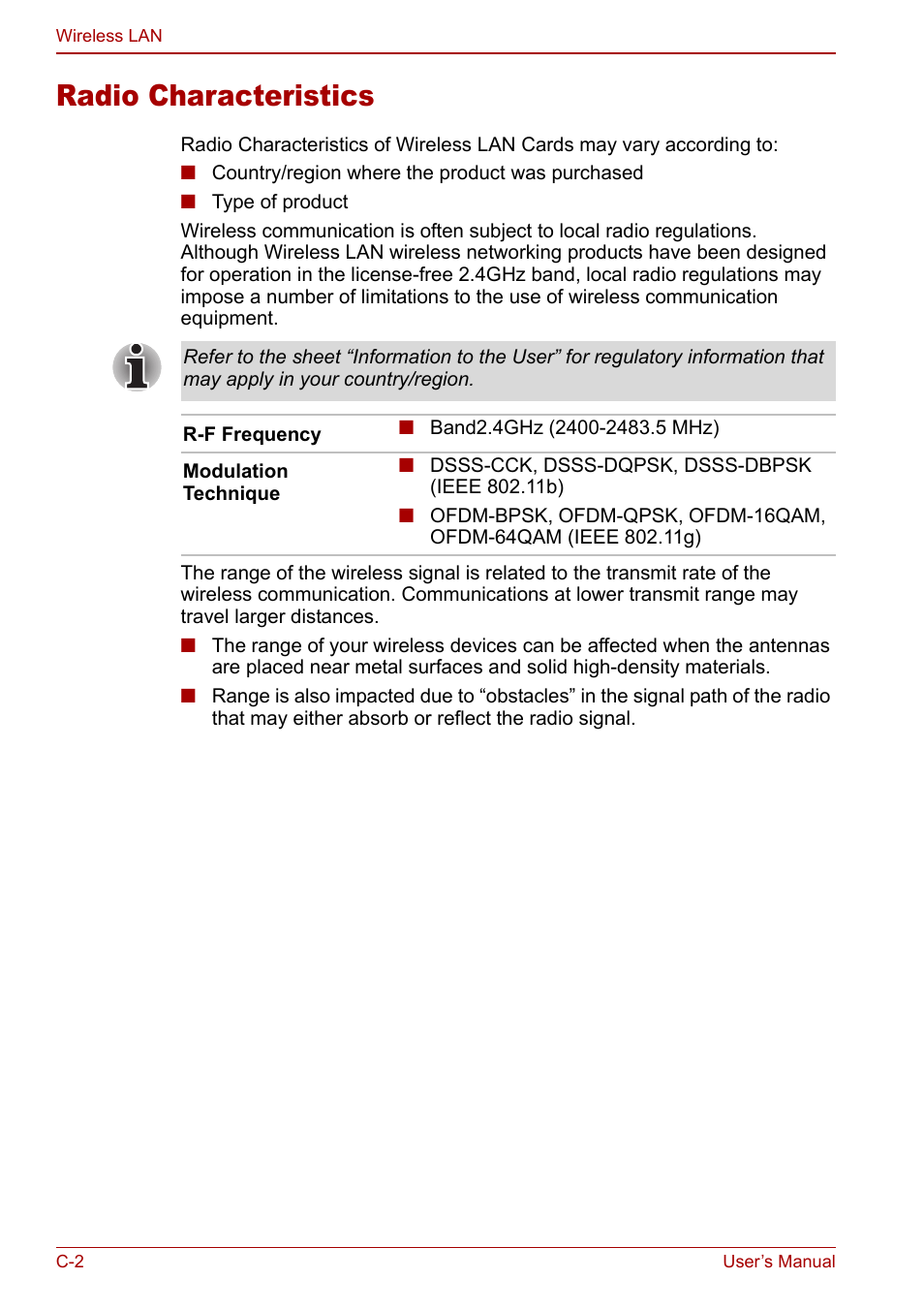 Radio characteristics | Toshiba Equium L20 User Manual | Page 156 / 178