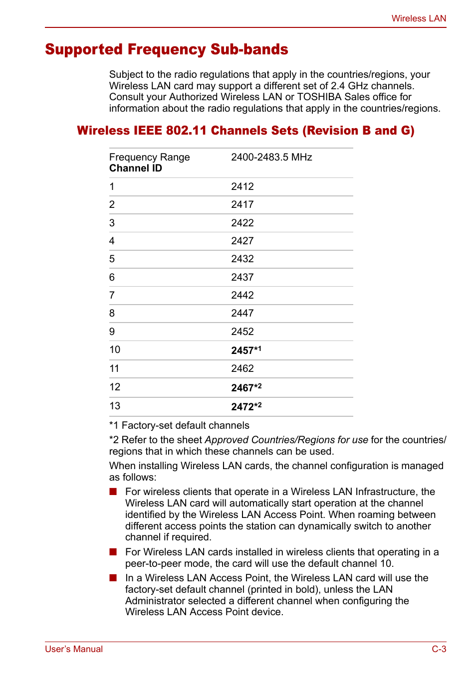 Supported frequency sub-bands | Toshiba Equium L20 User Manual | Page 157 / 178