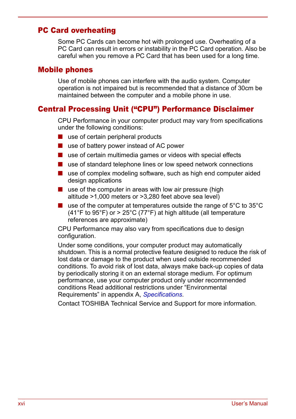 Pc card overheating, Mobile phones | Toshiba Equium L20 User Manual | Page 16 / 178