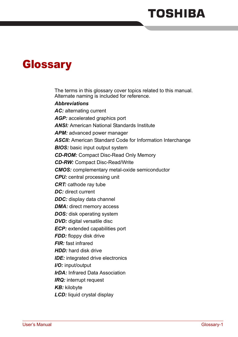 Glossary | Toshiba Equium L20 User Manual | Page 163 / 178