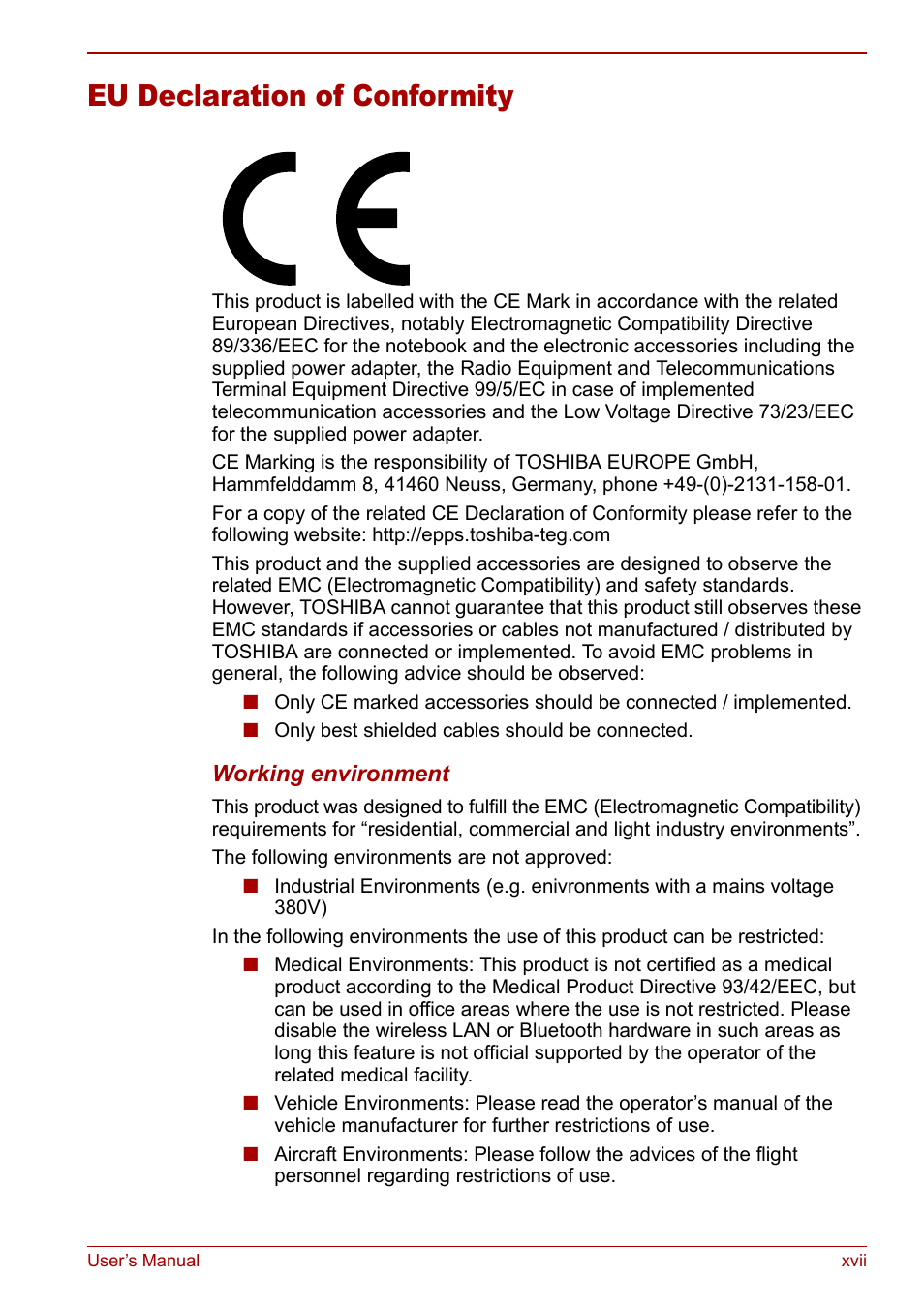 Eu declaration of conformity | Toshiba Equium L20 User Manual | Page 17 / 178