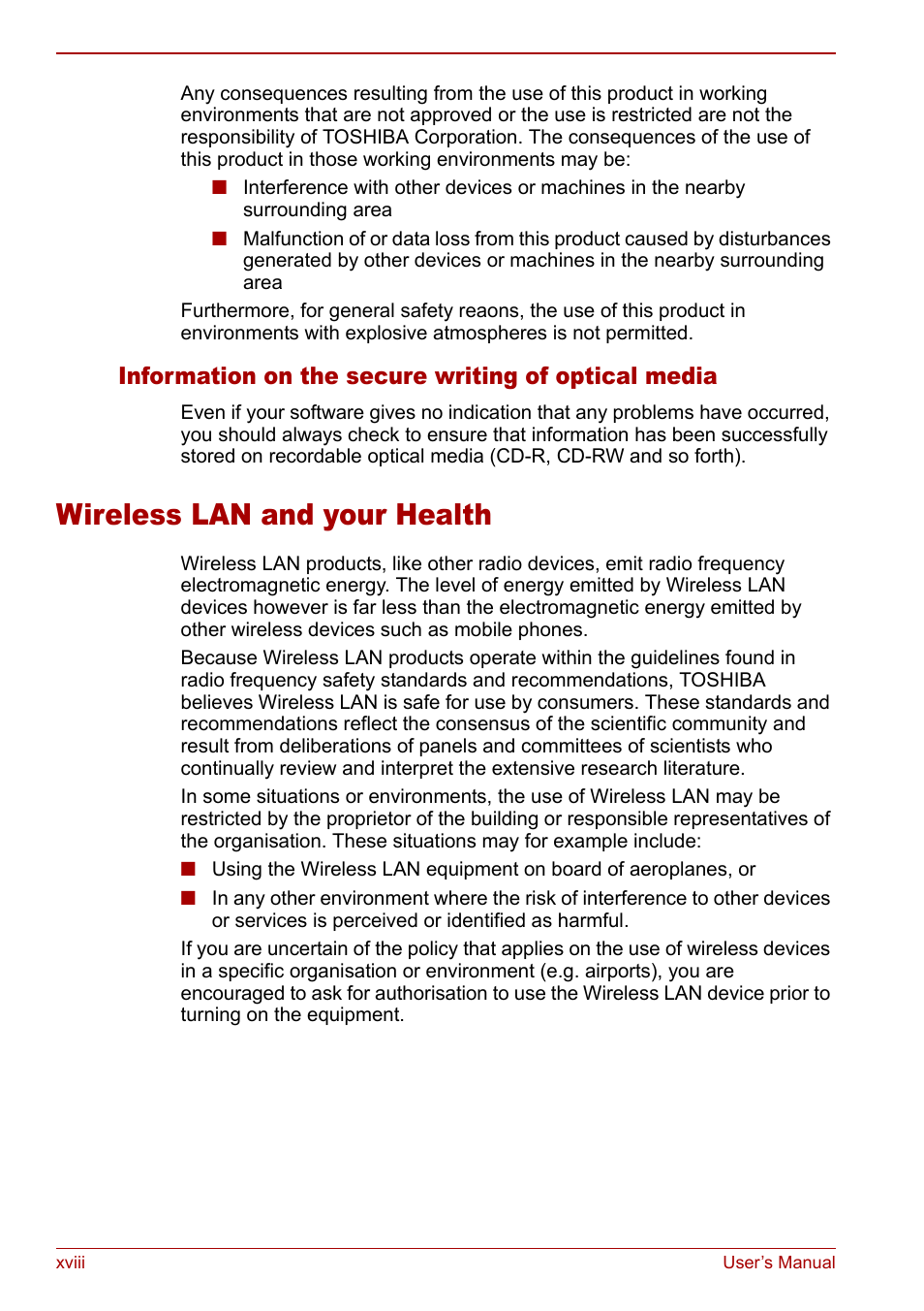 Wireless lan and your health, Information on the secure writing of optical media | Toshiba Equium L20 User Manual | Page 18 / 178