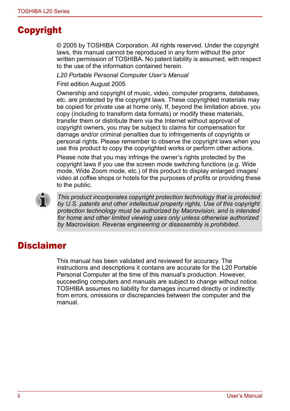 Copyright, Disclaimer | Toshiba Equium L20 User Manual | Page 2 / 178