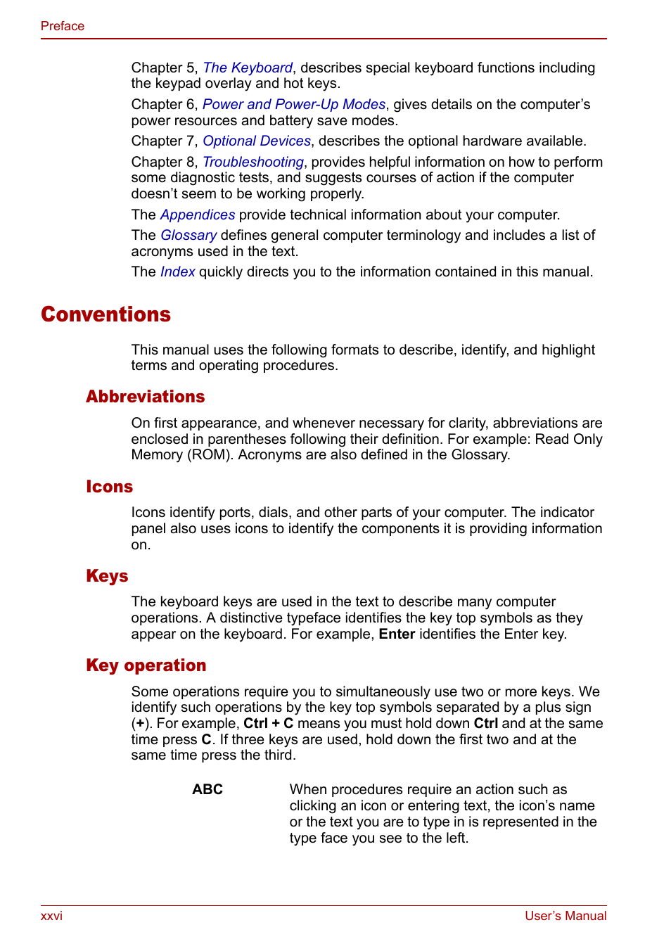 Conventions, Abbreviations, Icons | Keys, Key operation | Toshiba Equium L20 User Manual | Page 26 / 178