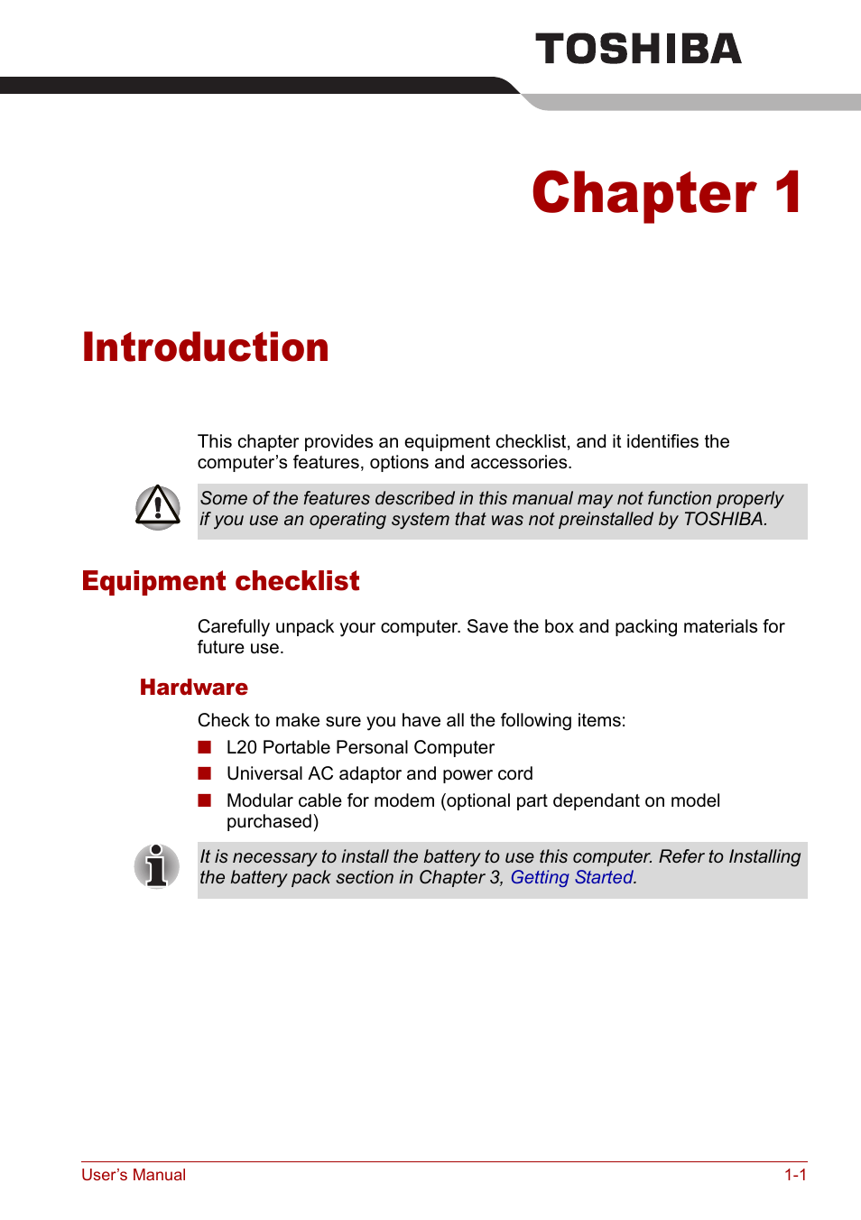 Chapter 1 - introduction, Equipment checklist, Chapter 1 | Introduction, Equipment checklist -1, Is an overvie | Toshiba Equium L20 User Manual | Page 29 / 178