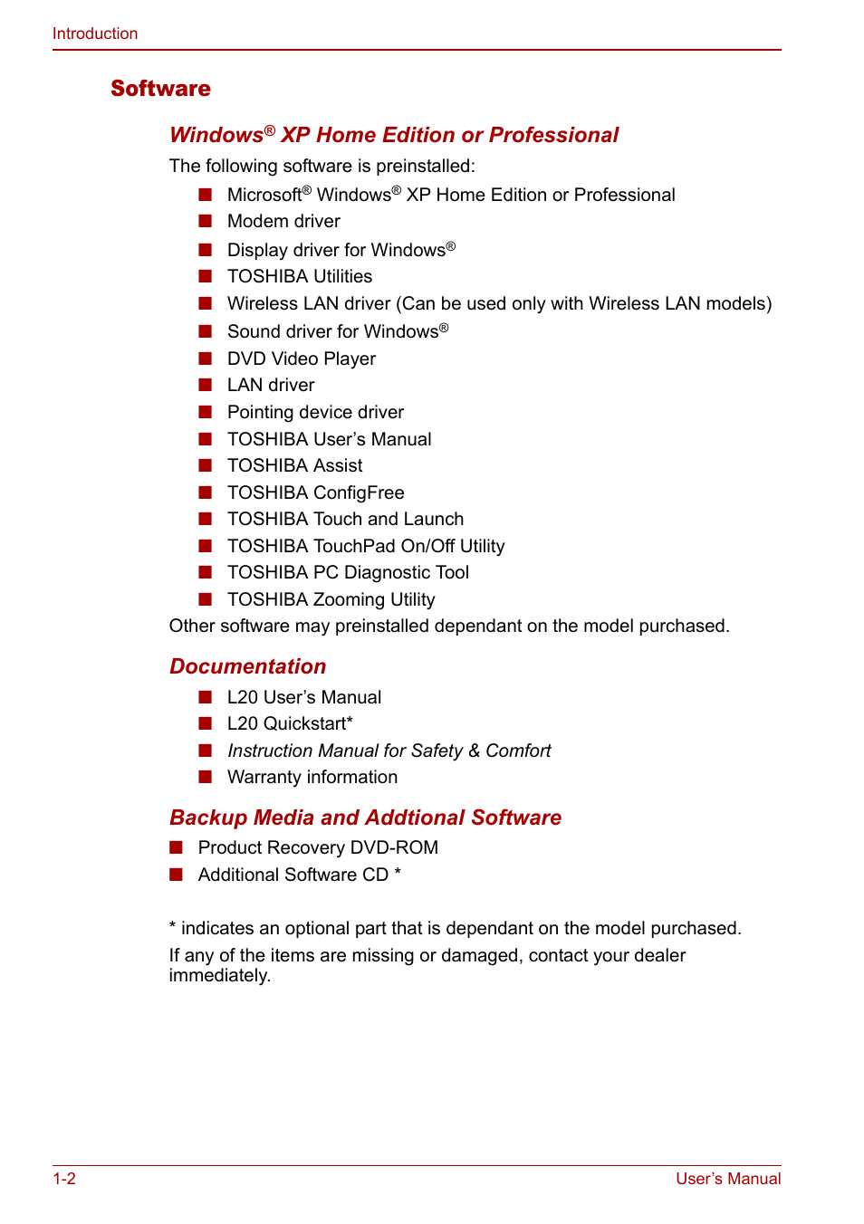 Software | Toshiba Equium L20 User Manual | Page 30 / 178