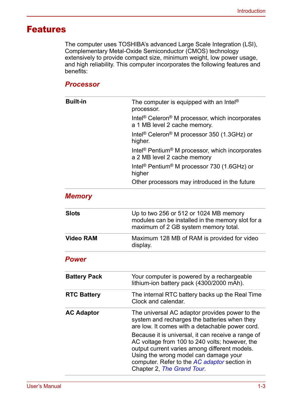 Features, Features -3 | Toshiba Equium L20 User Manual | Page 31 / 178