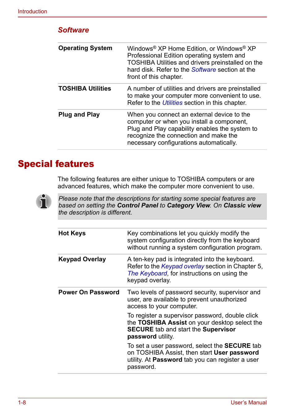 Special features, Special features -8 | Toshiba Equium L20 User Manual | Page 36 / 178