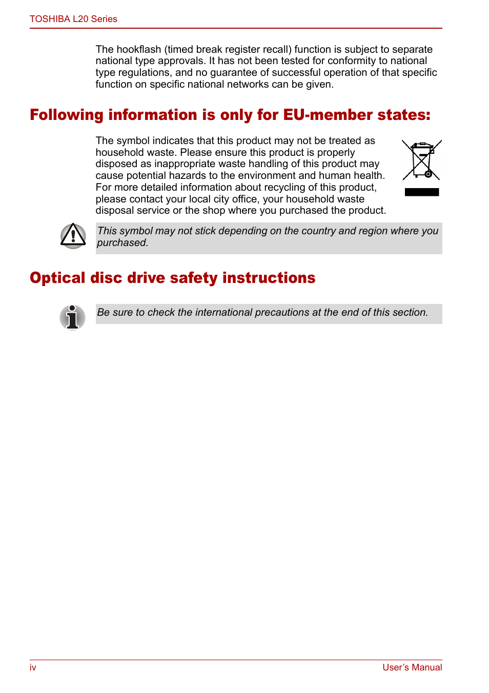 Following information is only for eu-member states, Optical disc drive safety instructions | Toshiba Equium L20 User Manual | Page 4 / 178