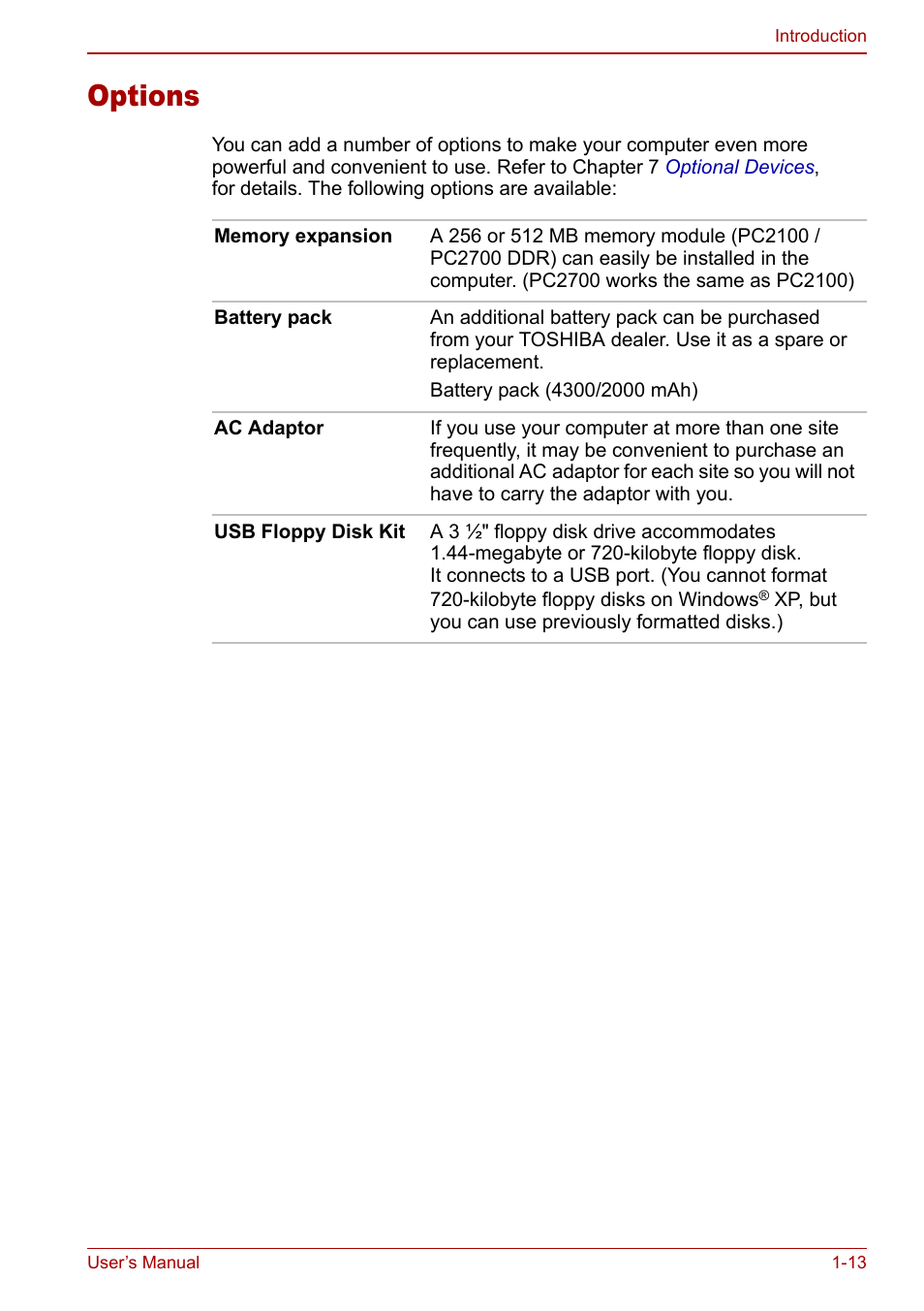 Options, Options -13 | Toshiba Equium L20 User Manual | Page 41 / 178