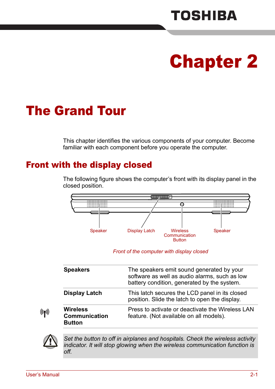 Chapter 2 - the grand tour, Front with the display closed, Chapter 2 | The grand tour, Front with the display closed -1 | Toshiba Equium L20 User Manual | Page 43 / 178