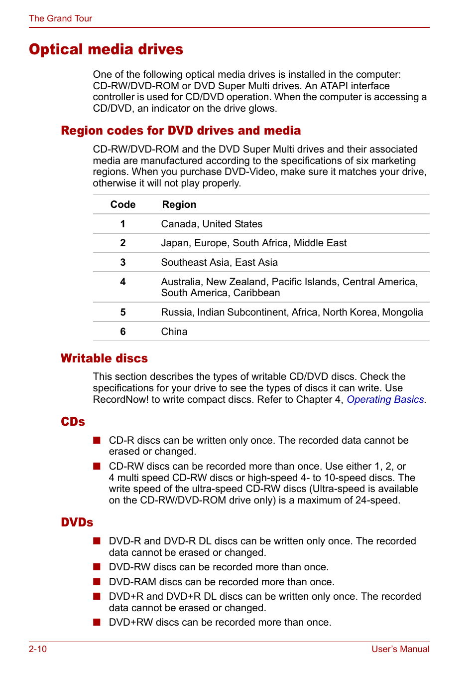 Optical media drives, Optical media drives -10, Region codes for dvd drives and media | Writable discs, Dvds | Toshiba Equium L20 User Manual | Page 52 / 178