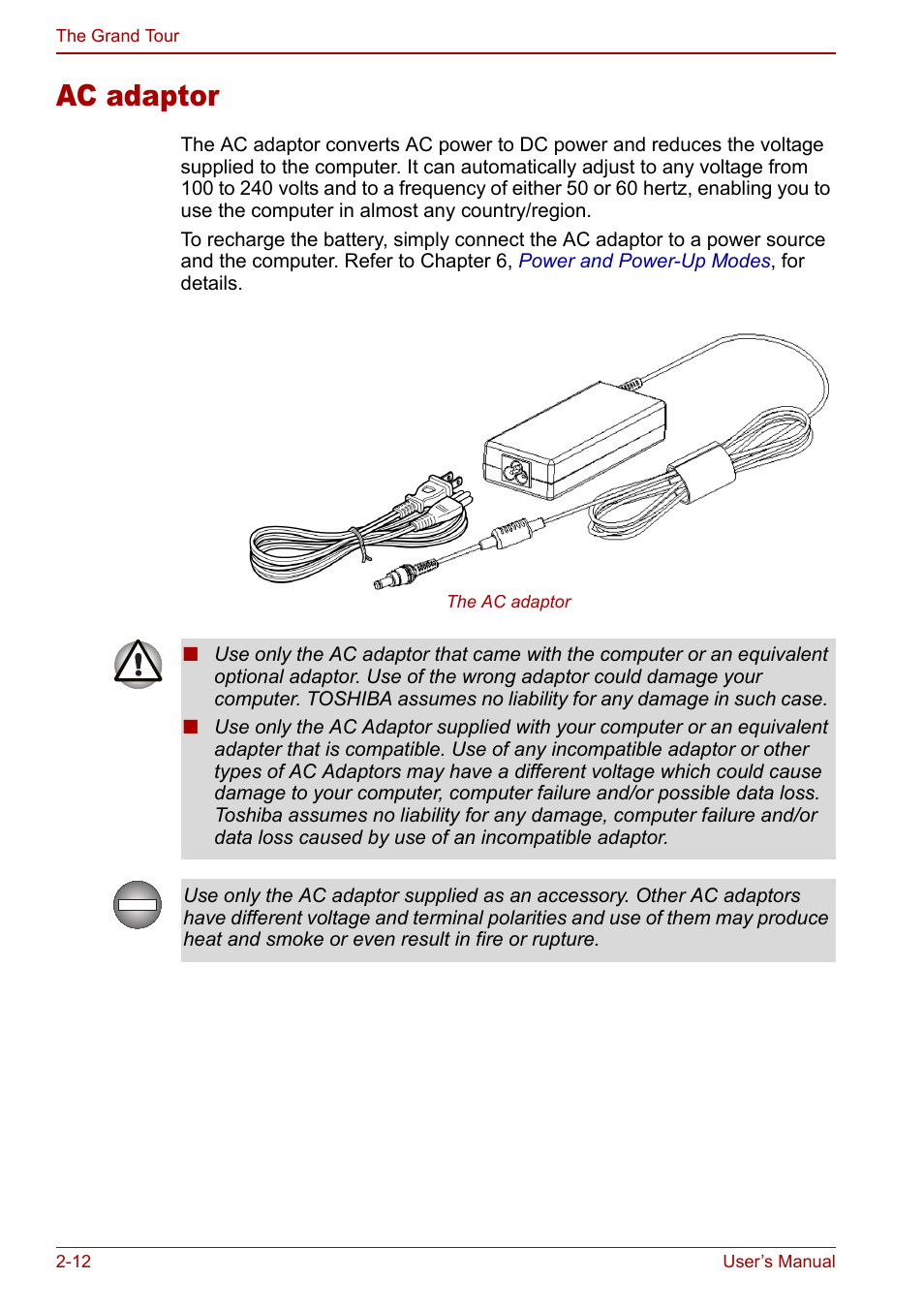 Ac adaptor, Ac adaptor -12, To the | Toshiba Equium L20 User Manual | Page 54 / 178