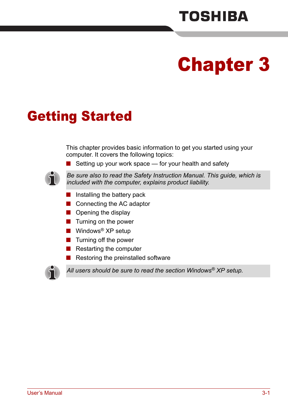 Chapter 3 - getting started, Chapter 3, Getting started | Toshiba Equium L20 User Manual | Page 55 / 178