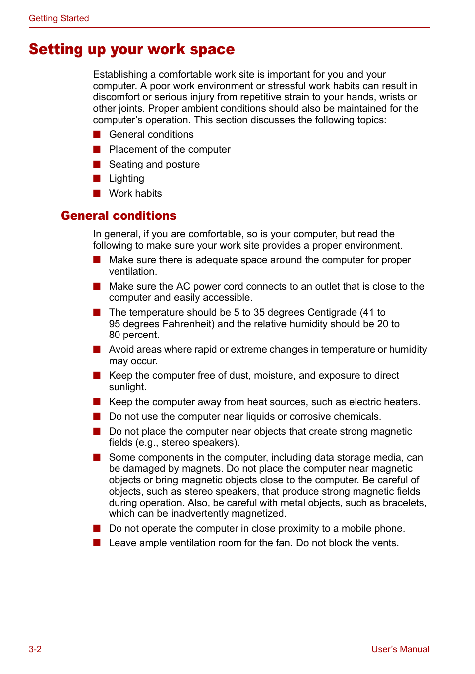 Setting up your work space, Setting up your work space -2, General conditions | Toshiba Equium L20 User Manual | Page 56 / 178