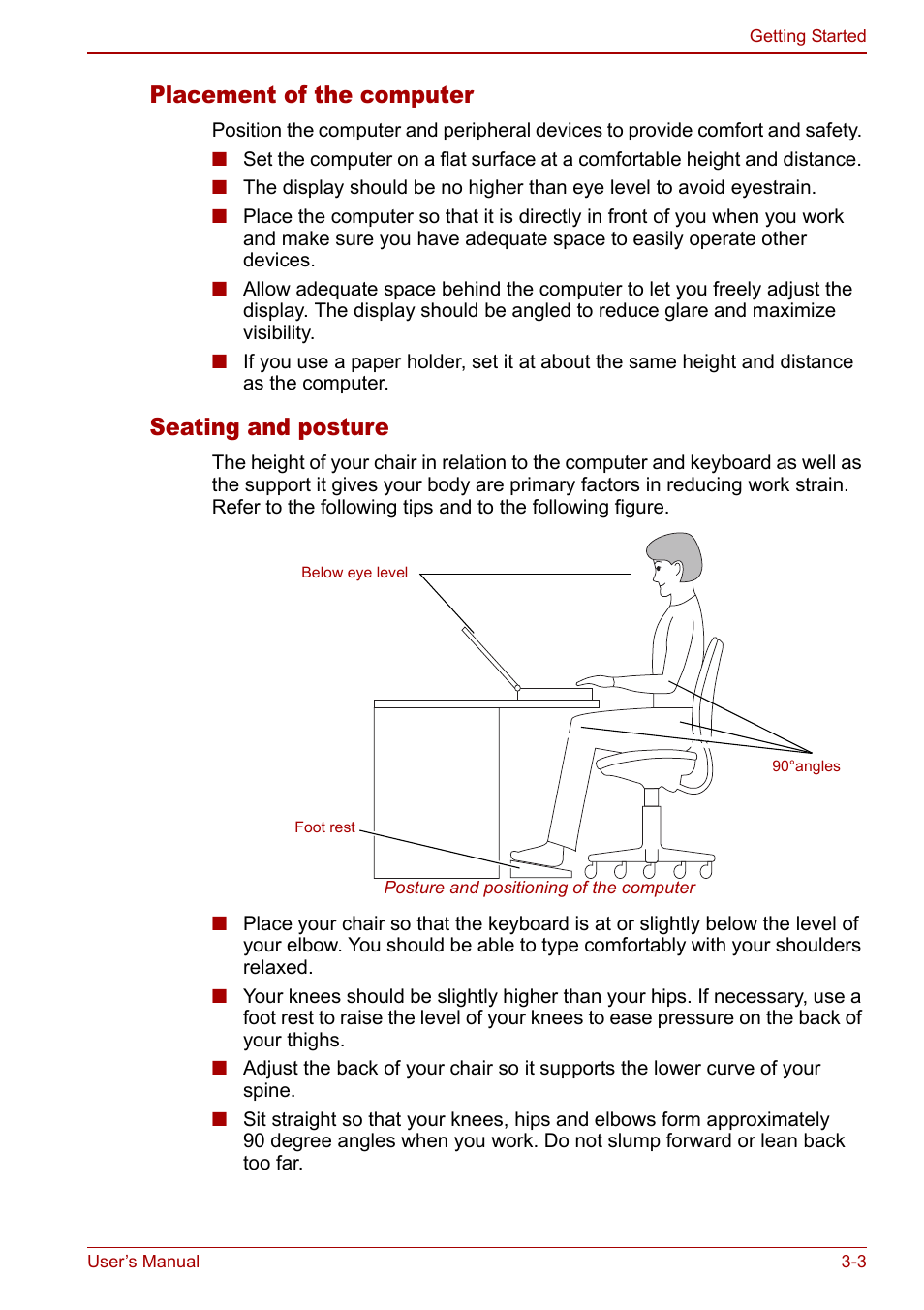 Placement of the computer, Seating and posture | Toshiba Equium L20 User Manual | Page 57 / 178