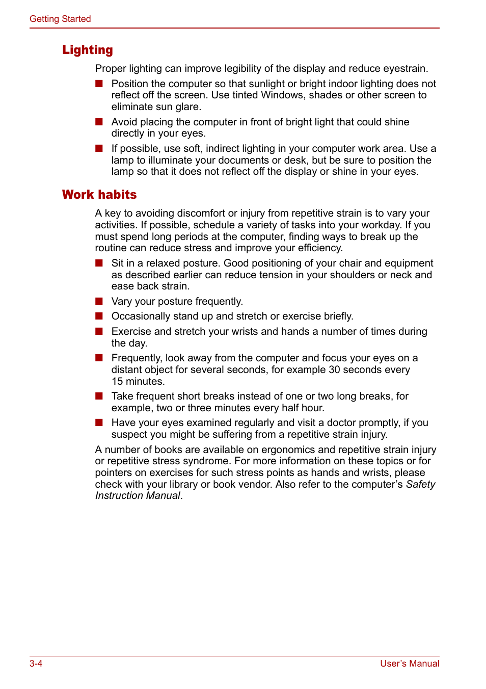 Lighting, Work habits | Toshiba Equium L20 User Manual | Page 58 / 178