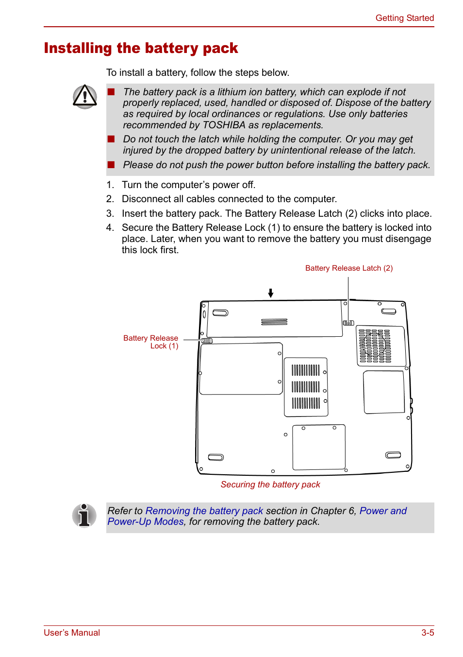 Installing the battery pack, Installing the battery pack -5 | Toshiba Equium L20 User Manual | Page 59 / 178