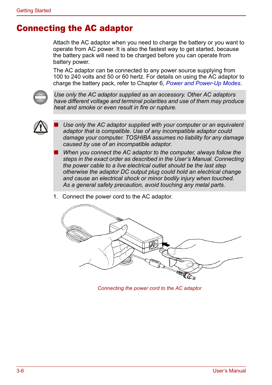 Connecting the ac adaptor, Connecting the ac adaptor -6 | Toshiba Equium L20 User Manual | Page 60 / 178