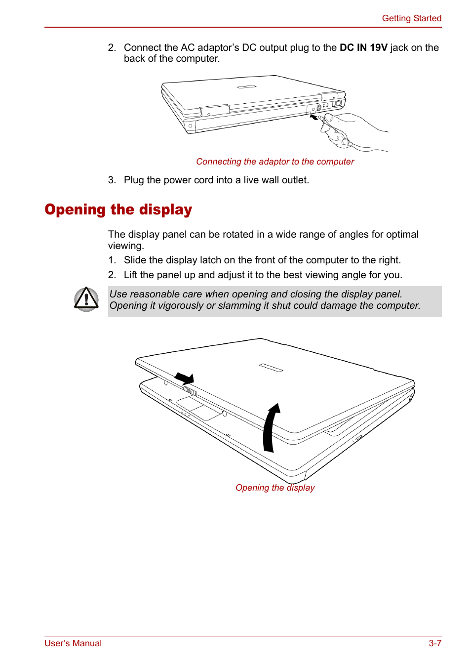 Opening the display, Opening the display -7 | Toshiba Equium L20 User Manual | Page 61 / 178