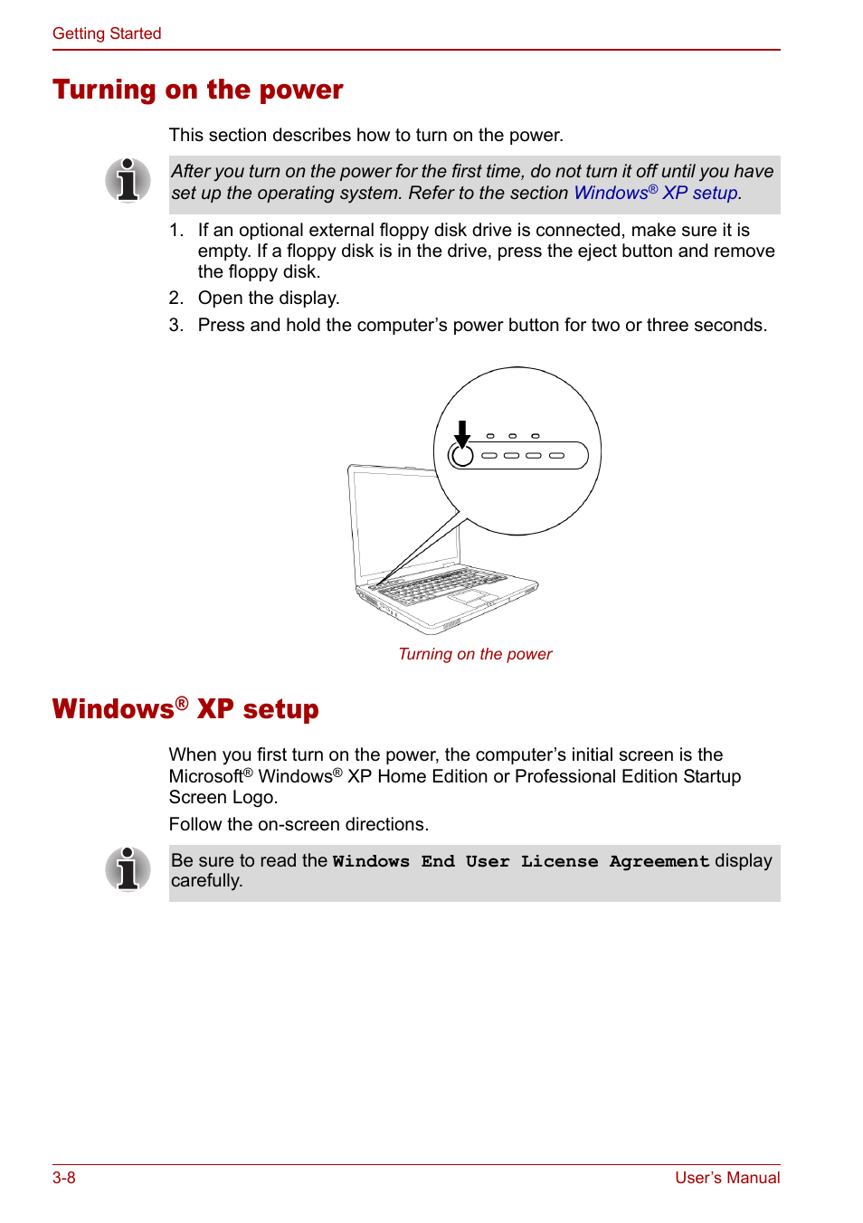 Turning on the power, Windows® xp setup, Turning on the power -8 windows | Windows, Xp setup | Toshiba Equium L20 User Manual | Page 62 / 178