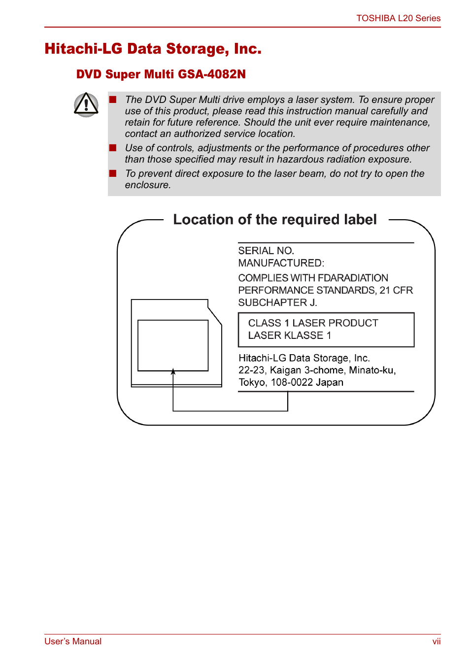 Hitachi-lg data storage, inc, Dvd super multi gsa-4082n | Toshiba Equium L20 User Manual | Page 7 / 178