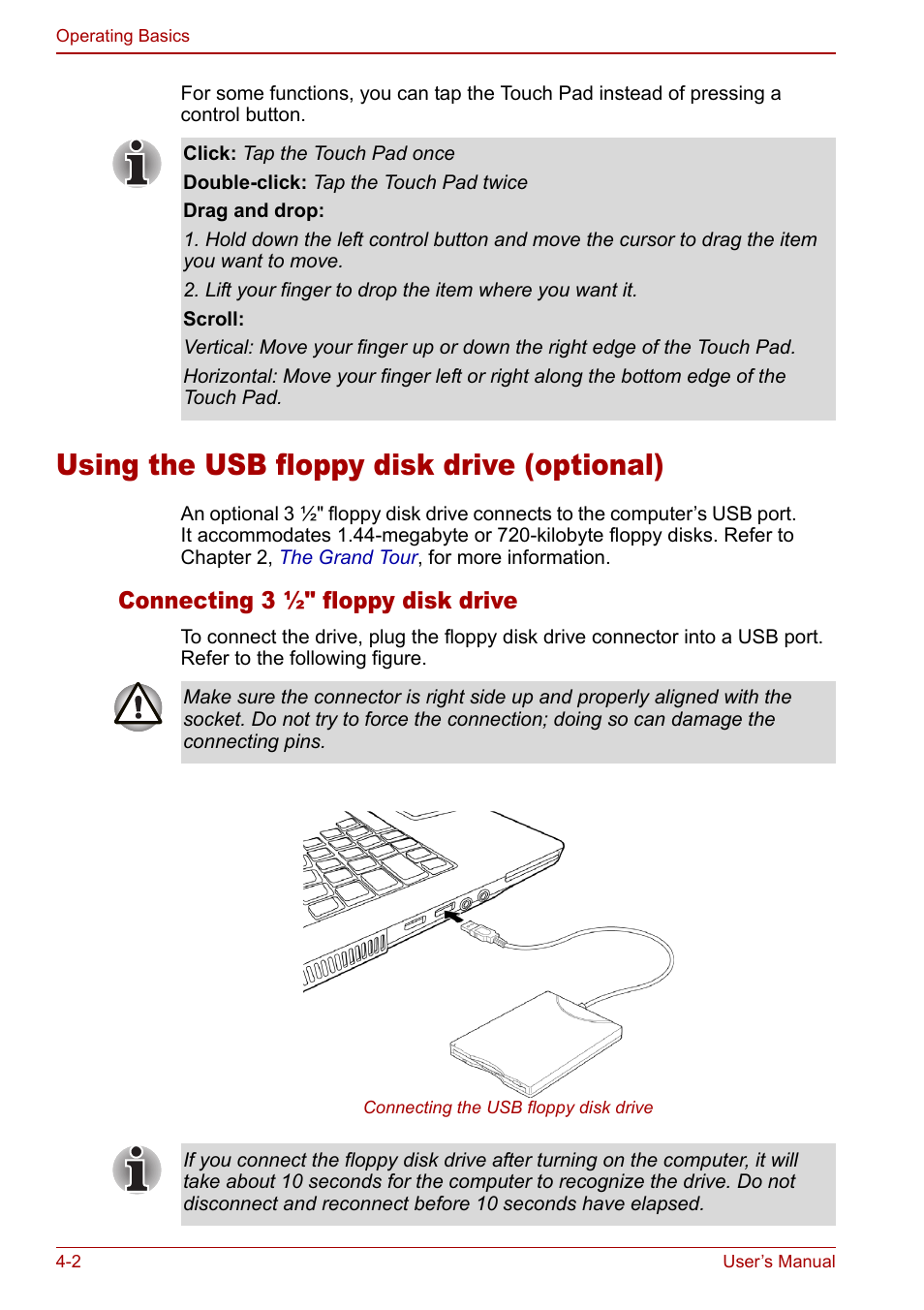 Using the usb floppy disk drive (optional), Using the usb floppy disk drive (optional) -2, Connecting 3 ½" floppy disk drive | Toshiba Equium L20 User Manual | Page 70 / 178