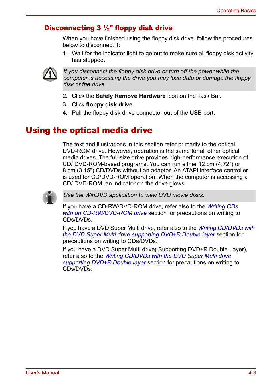 Using the optical media drive, Using the optical media drive -3, Disconnecting 3 ½" floppy disk drive | Toshiba Equium L20 User Manual | Page 71 / 178