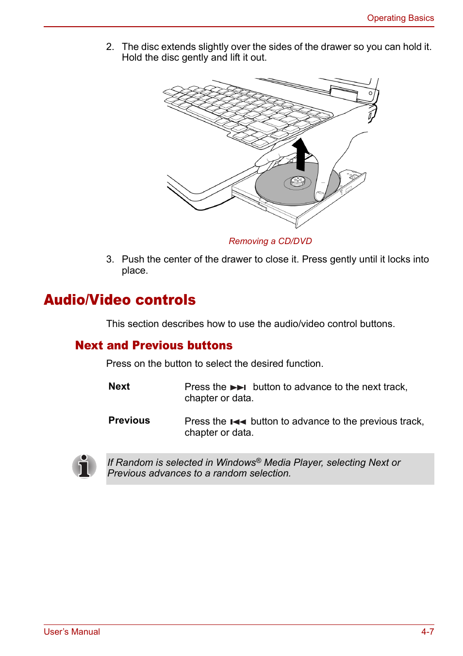 Audio/video controls, Audio/video controls -7, Next and previous buttons | Toshiba Equium L20 User Manual | Page 75 / 178