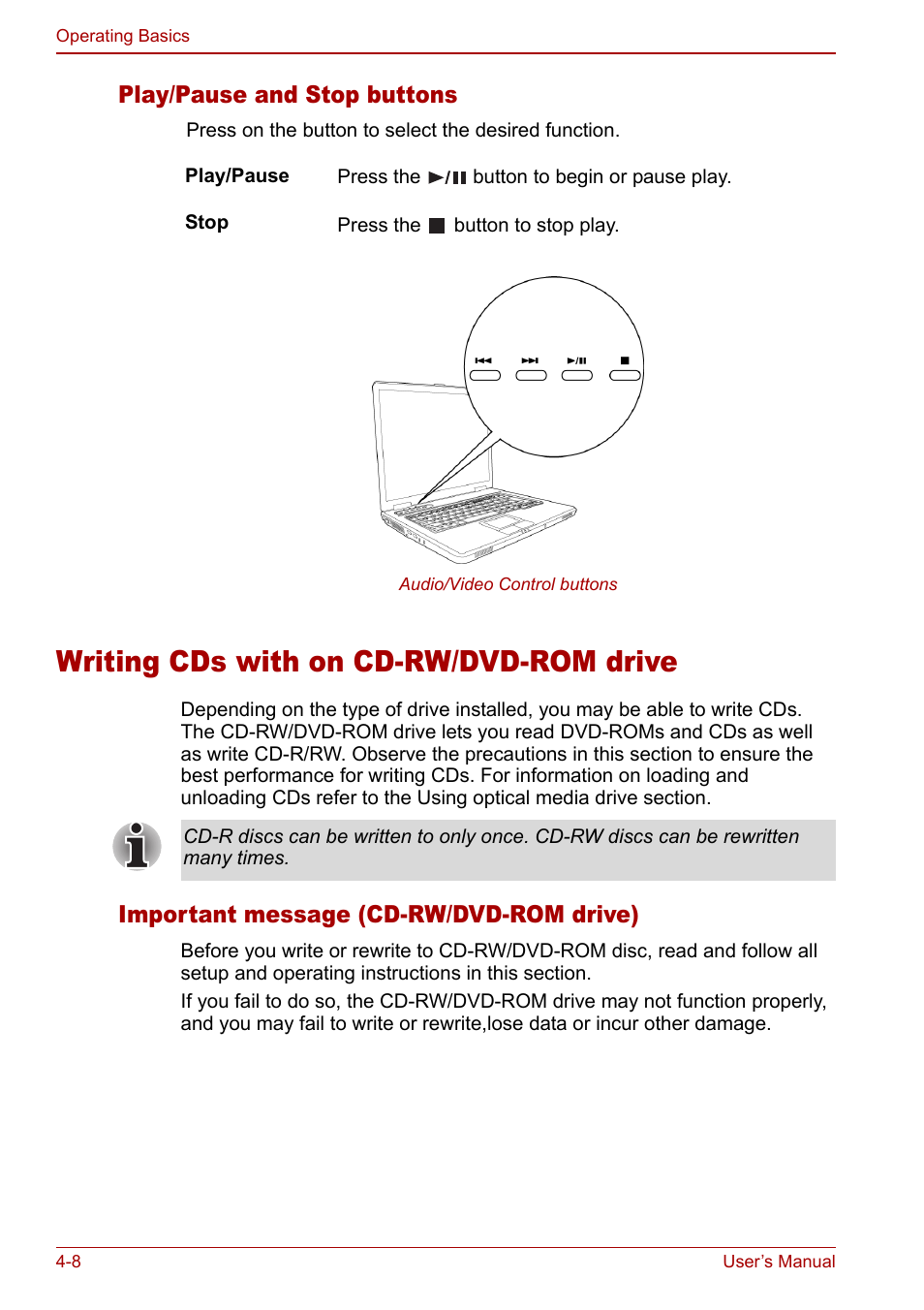 Writing cds with on cd-rw/dvd-rom drive, Writing cds with on cd-rw/dvd-rom drive -8, Writing cds | With on cd-rw/dvd-rom drive, Play/pause and stop buttons, Important message (cd-rw/dvd-rom drive) | Toshiba Equium L20 User Manual | Page 76 / 178