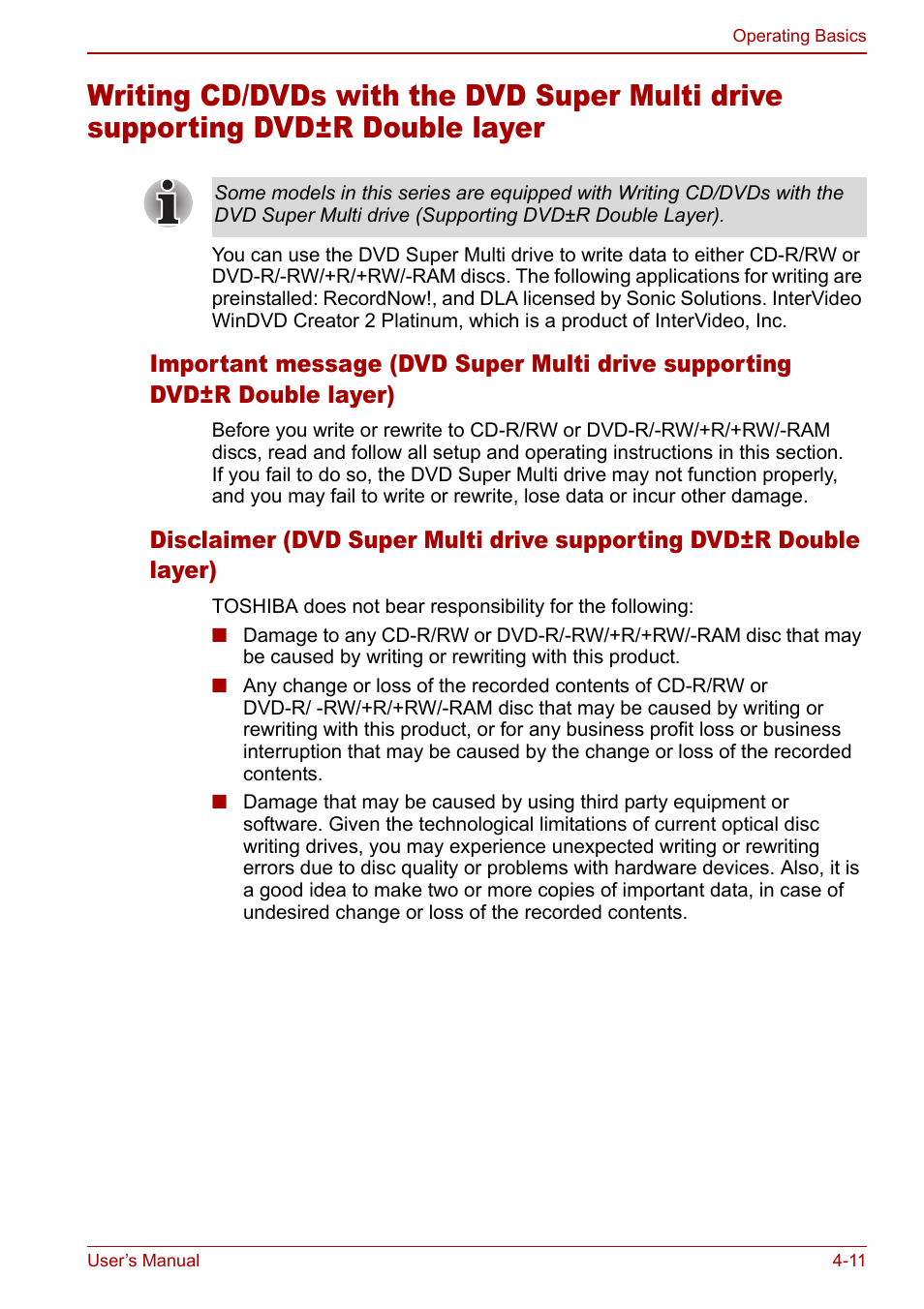 Writing cd/dvds with, Section for, Writing cd/dvds with the dvd super multi drive | Supporting dvd±r double layer | Toshiba Equium L20 User Manual | Page 79 / 178