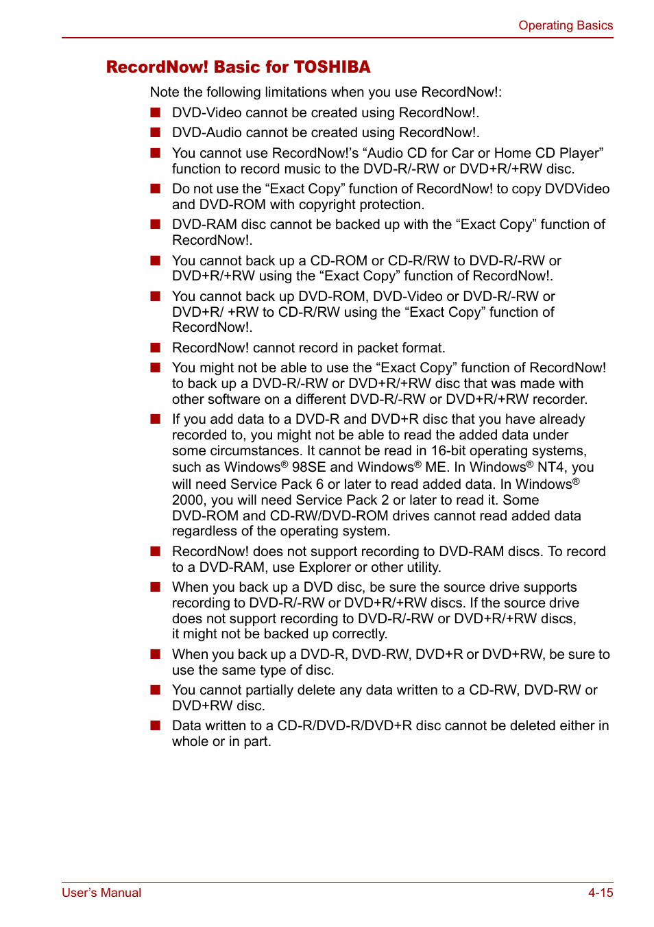 Recordnow! basic for toshiba | Toshiba Equium L20 User Manual | Page 83 / 178