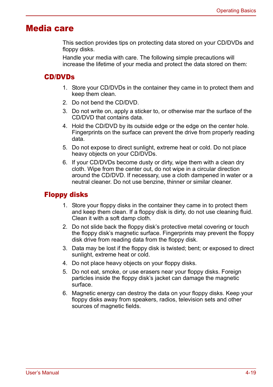 Media care, Media care -19, Cd/dvds | Floppy disks | Toshiba Equium L20 User Manual | Page 87 / 178