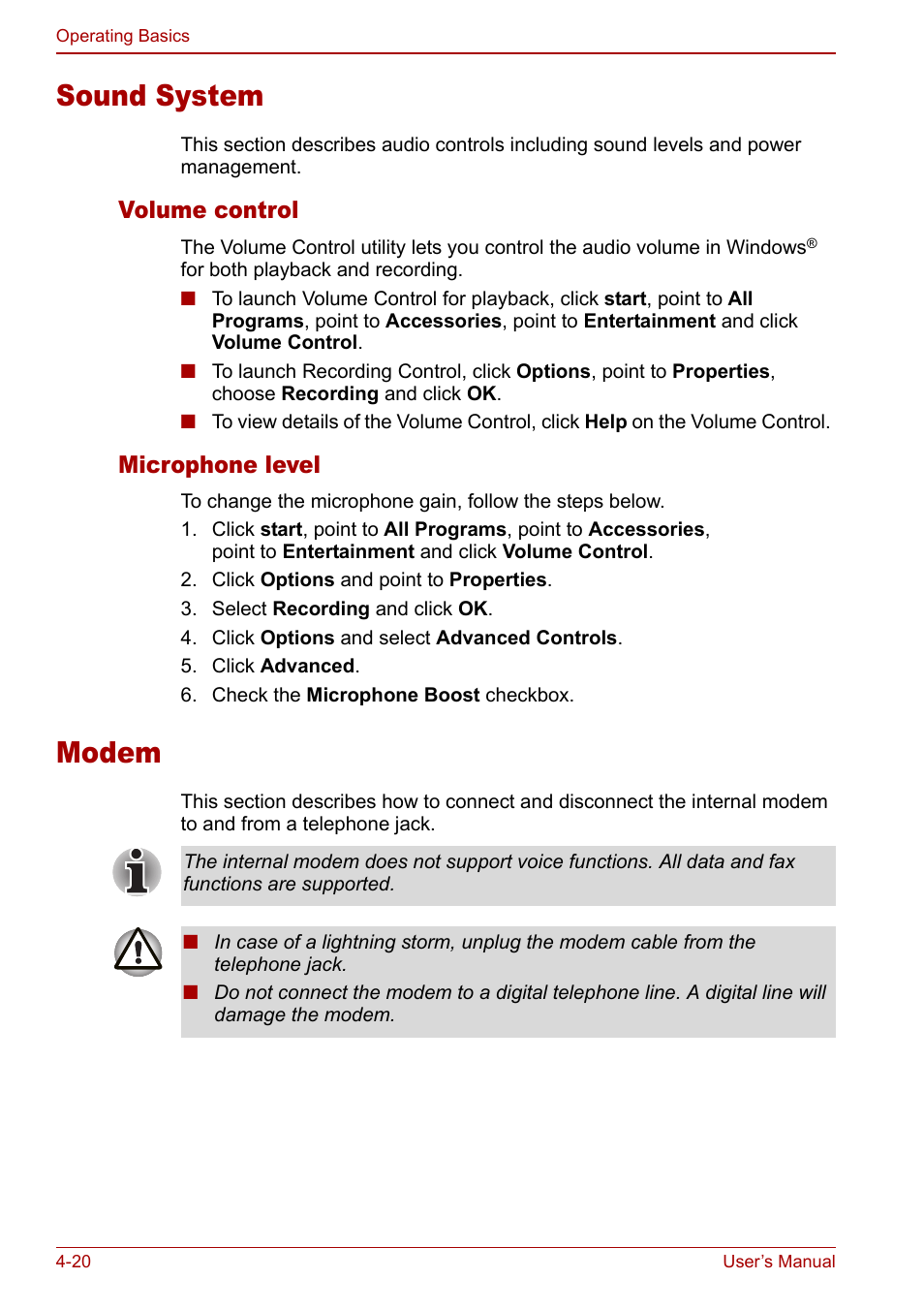 Sound system, Modem, Sound system -20 modem -20 | Volume control, Microphone level | Toshiba Equium L20 User Manual | Page 88 / 178