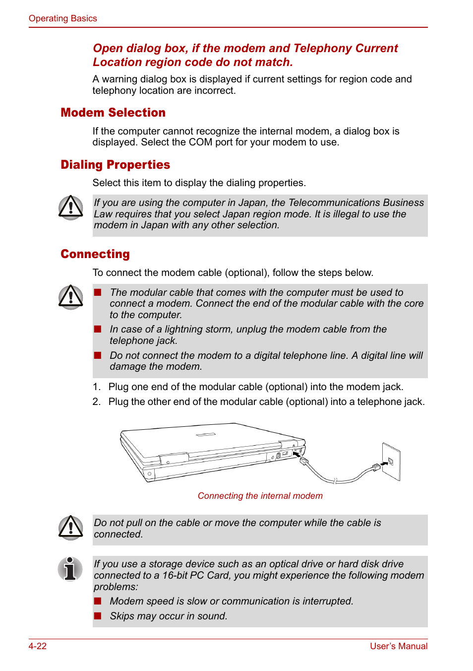 Modem selection, Dialing properties, Connecting | Toshiba Equium L20 User Manual | Page 90 / 178