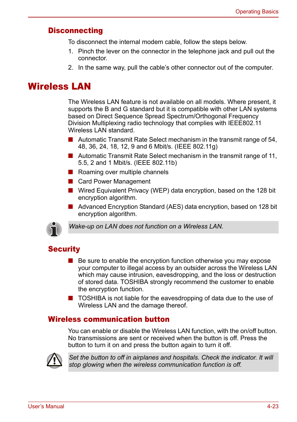 Wireless lan, Wireless lan -23, Disconnecting | Security, Wireless communication button | Toshiba Equium L20 User Manual | Page 91 / 178