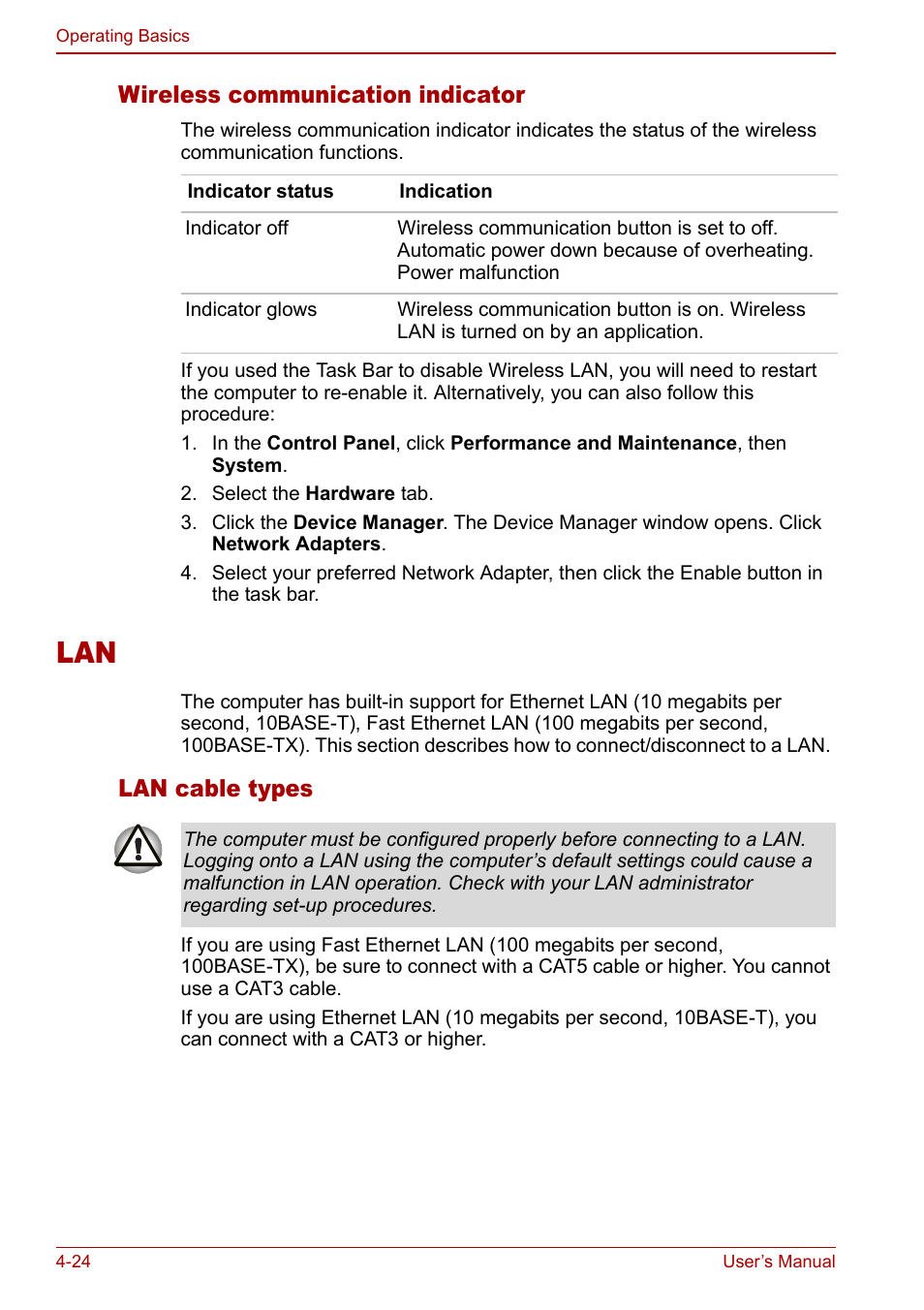 Lan -24, Wireless communication indicator, Lan cable types | Toshiba Equium L20 User Manual | Page 92 / 178