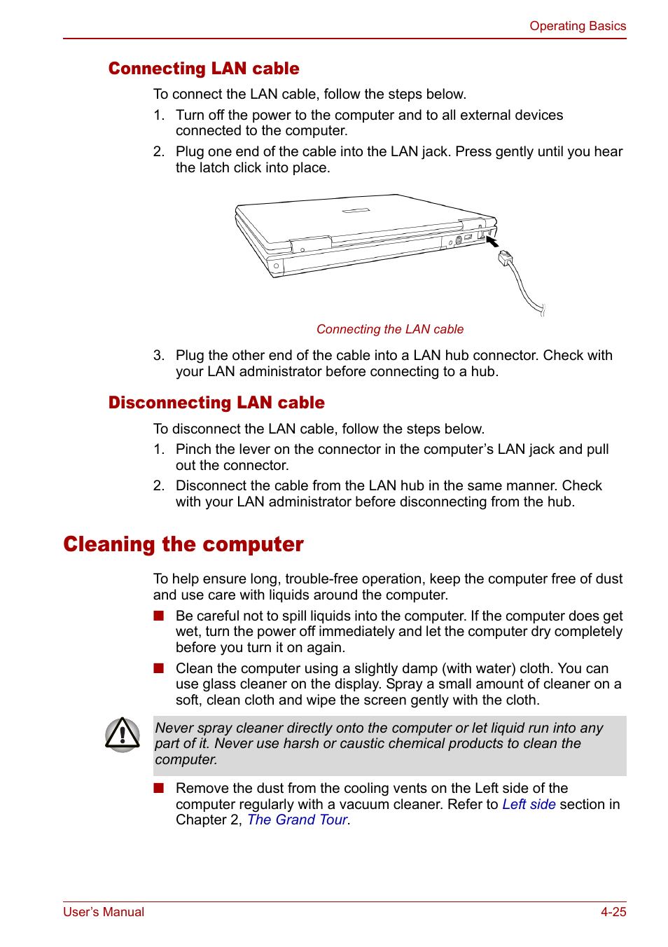 Cleaning the computer, Cleaning the computer -25, Connecting lan cable | Disconnecting lan cable | Toshiba Equium L20 User Manual | Page 93 / 178