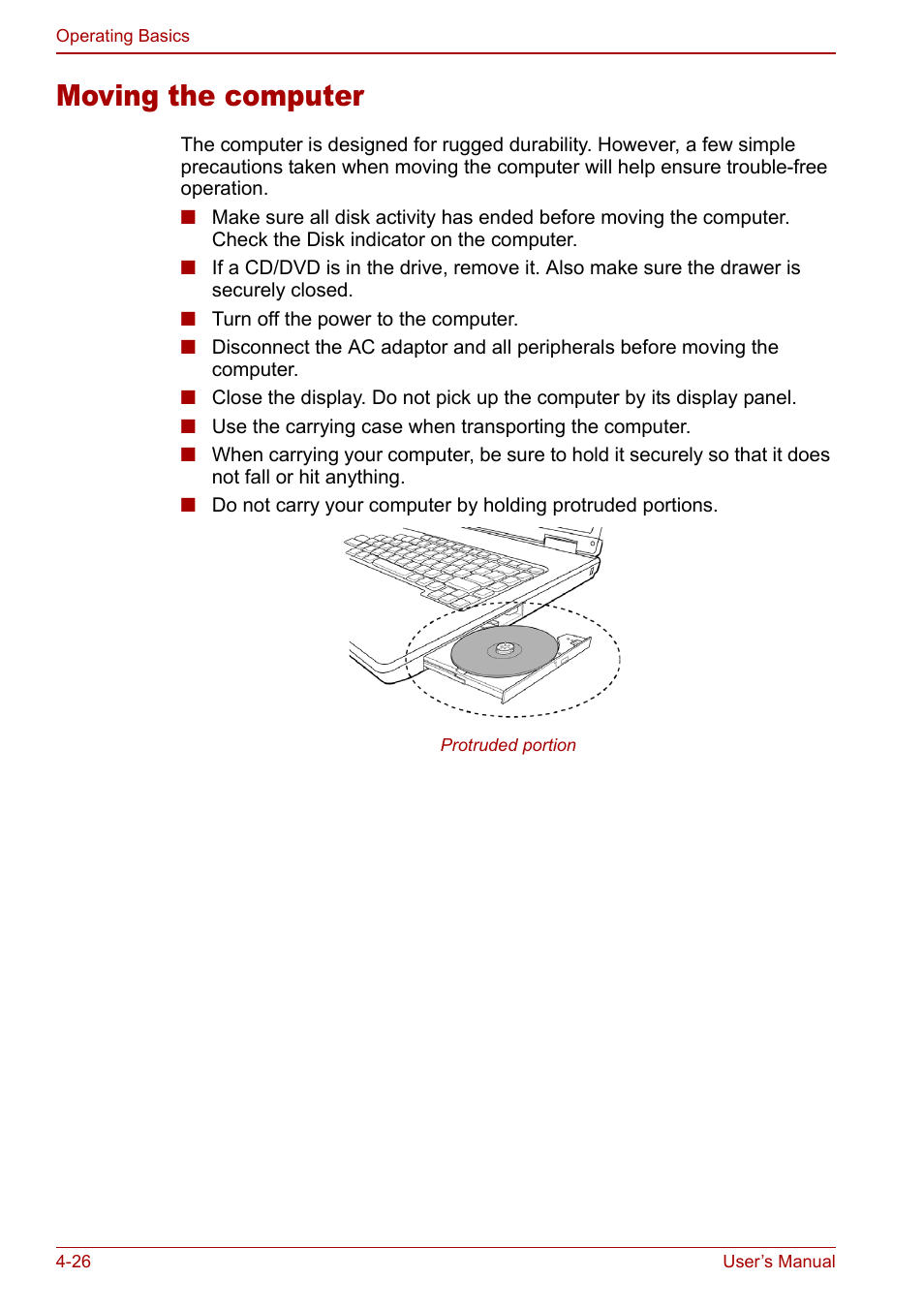 Moving the computer, Moving the computer -26 | Toshiba Equium L20 User Manual | Page 94 / 178