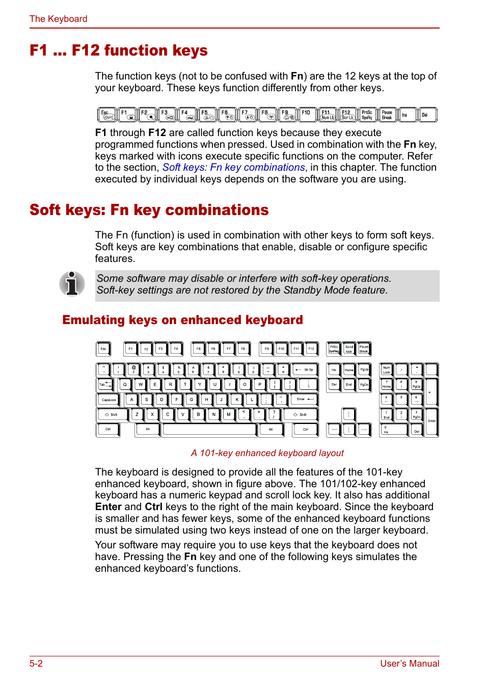 F1 ... f12 function keys, Soft keys: fn key combinations | Toshiba Equium L20 User Manual | Page 96 / 178