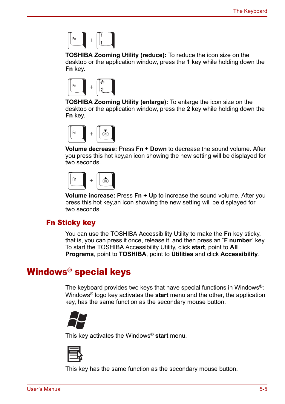 Windows® special keys, Windows, Special keys | Fn sticky key | Toshiba Equium L20 User Manual | Page 99 / 178