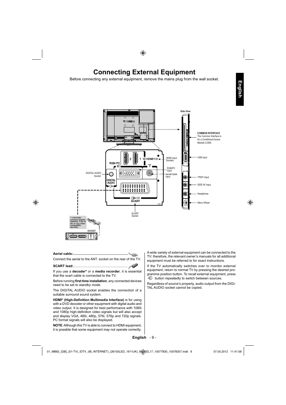 Connecting external equipment, English, English - 9 | Toshiba KL934 User Manual | Page 10 / 56