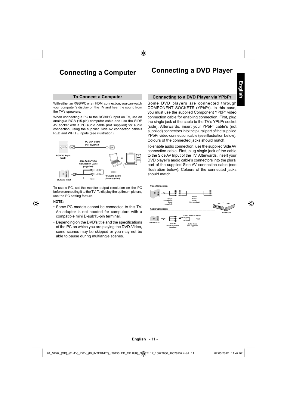 Connecting a computer connecting a dvd player, English, Connecting to a dvd player via ypbpr | English - 11 | Toshiba KL934 User Manual | Page 12 / 56