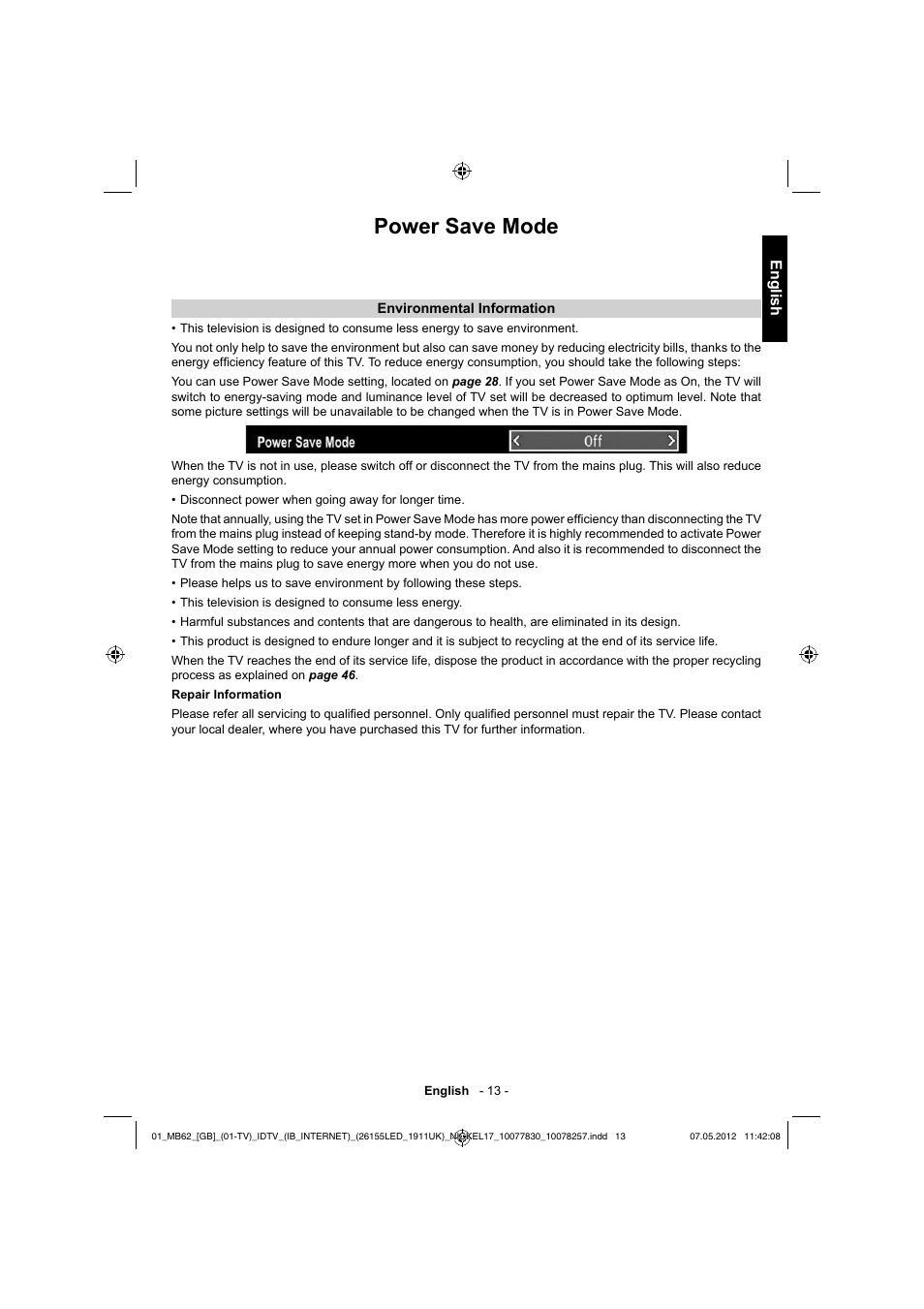Power save mode, English | Toshiba KL934 User Manual | Page 14 / 56