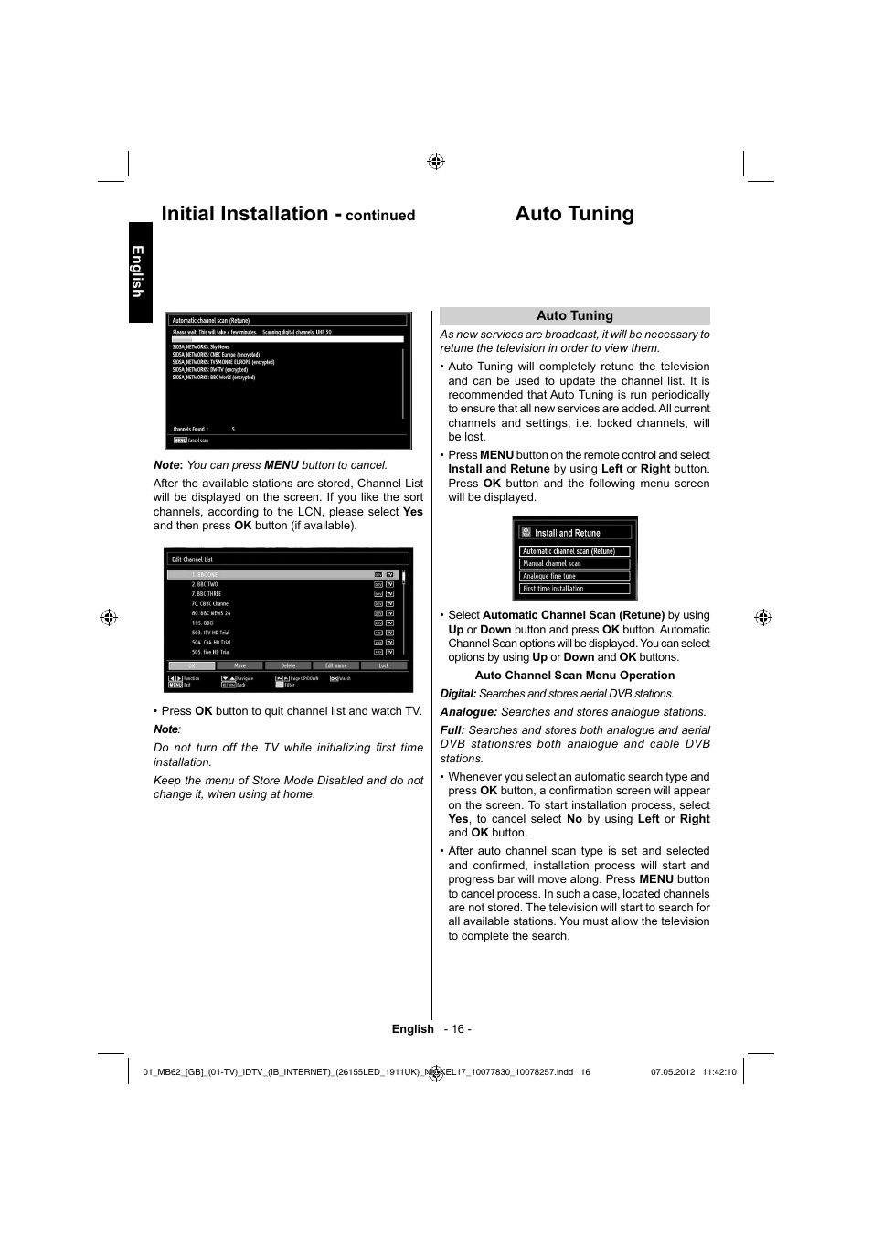 Auto tuning initial installation | Toshiba KL934 User Manual | Page 17 / 56