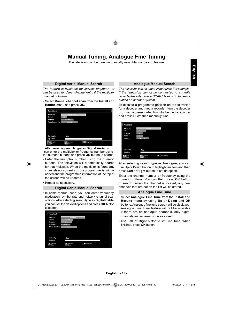 Manual tuning, analogue fine tuning, English | Toshiba KL934 User Manual | Page 18 / 56