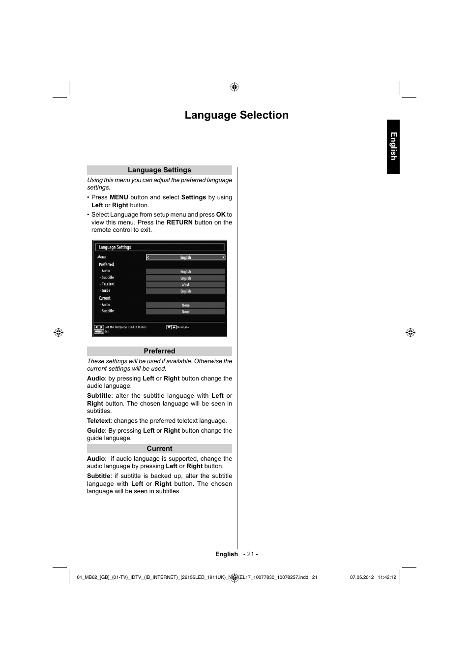 Language selection, English | Toshiba KL934 User Manual | Page 22 / 56