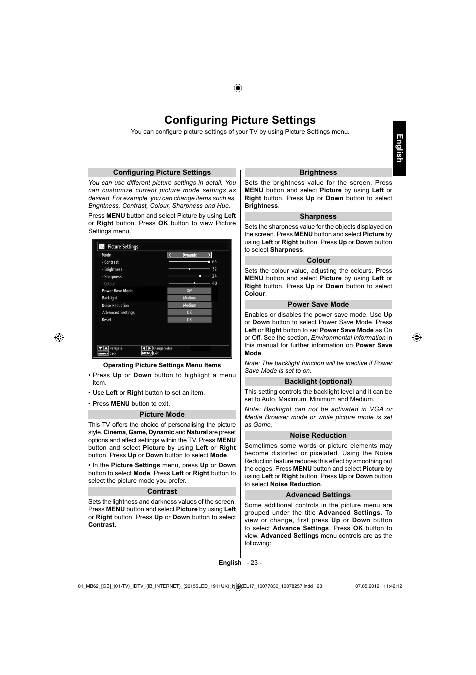 Confi guring picture settings | Toshiba KL934 User Manual | Page 24 / 56