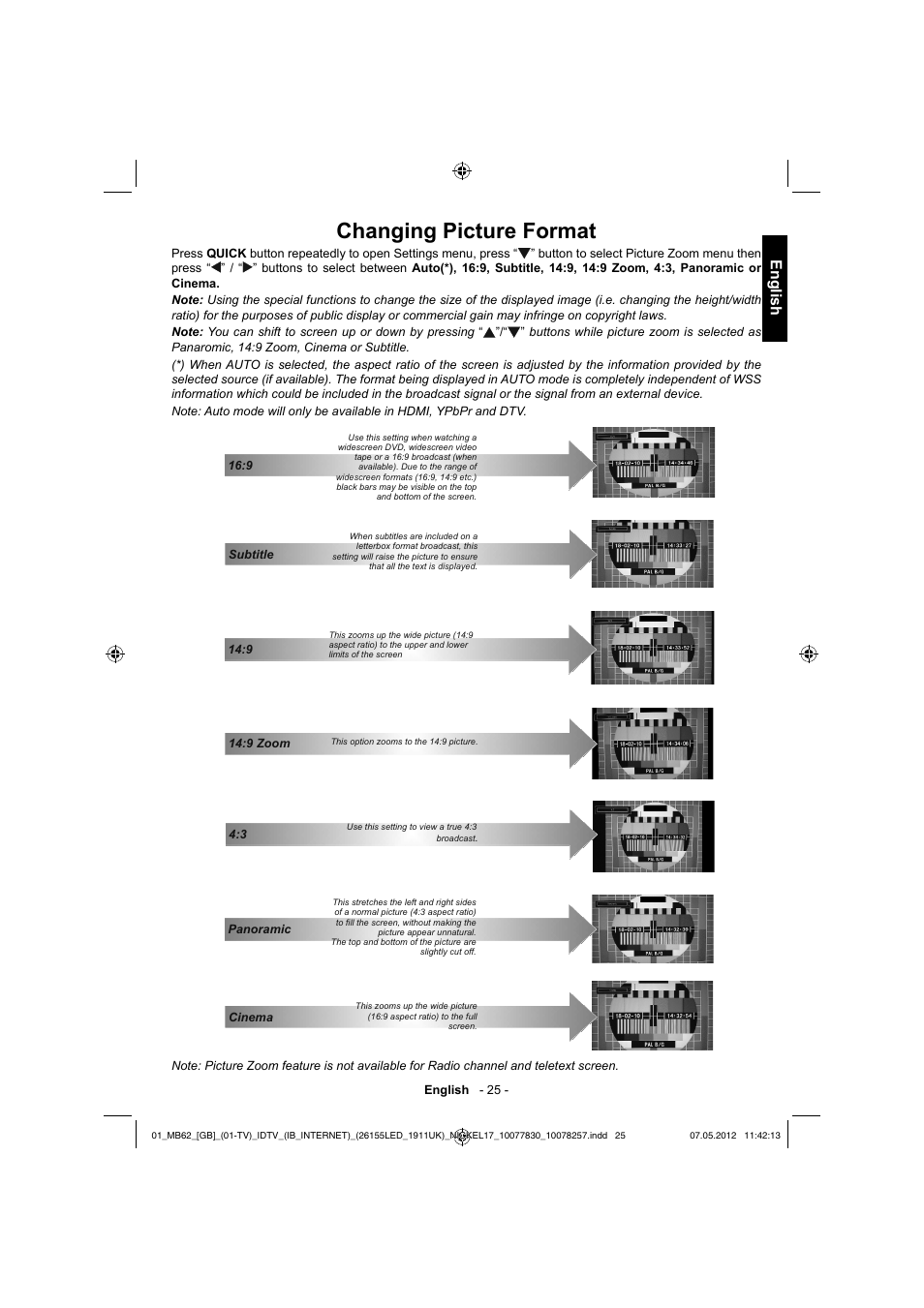 Changing picture format, English | Toshiba KL934 User Manual | Page 26 / 56