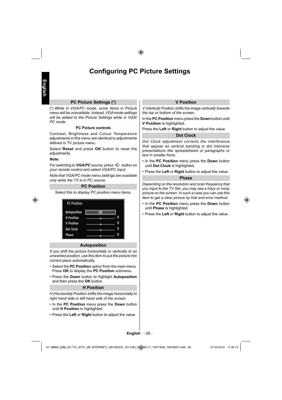 Confi guring pc picture settings, English | Toshiba KL934 User Manual | Page 27 / 56